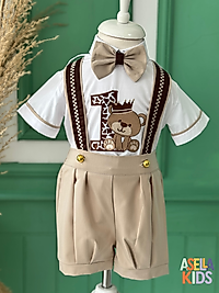 Erkek Çocuk Bej/Kahverengi Ayıcık 1 Nakışlı Salopet Takım