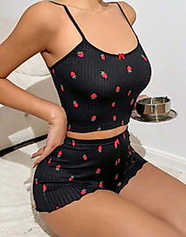 Kadın Siyah Çilek Desenli Seksi Gecelik Takım 5020