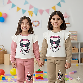 2 - 4 Yaş Arası Kuromi Desenli Üçiplik Şardonlu Kışlık Kız Çocuk Takım