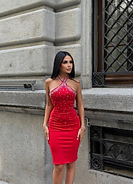 Gizni taşlı elbise kırmızı