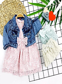 2-3-4-5 Yaş Kot Ceketli Astarlı Güpürlü 2li Kız Çocuk Elbisesi Pembe