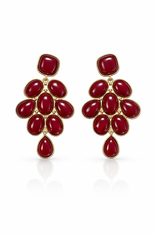 Bordo Taşlı Gösterişli Damla Detaylı Kadın Küpe