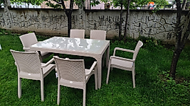 Violet Raddan Camlı 90X150 Masa 6 Adet Sandalye Masa Takımı Bahçe Balkon Teras Masa Seti