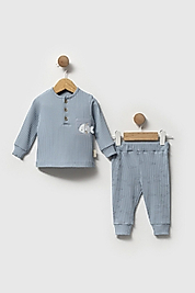 Balık Nakışlı Fitilli Bebek Takımı Mavi – Üst & Pantolon | 0-12 Ay