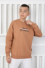 Kahverengi Baskılı İki İp Sweatshirt Pamuklu / Şardonsuz Renkli Baskı Ribanalı