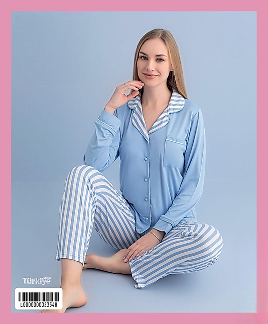 Erkek Yaka Çizgili %100 Pamuklu Kadın Pijama Takımı