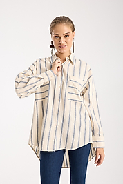 MAVİ ÇİZGİLİ KREM KETEN GÖMLEK