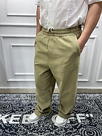 Keten Baggy Jogger Pantolon - Haki Yeşil