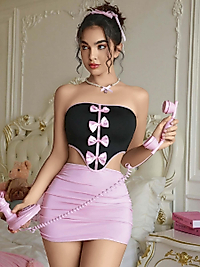 Kadın Pembe Etekli Fiyonk Detaylı Sexy Kostüm 2154