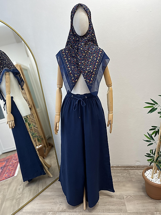 Lacivert Bağcıklı Müslin Pantolon - Etek