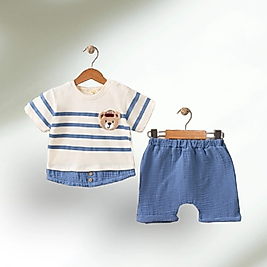 Sevimli Ayıcıklı Müslin İkili Takım Mavi