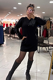 Siyah Kapüşonlu Fermuar Detaylı Sweat Elbise