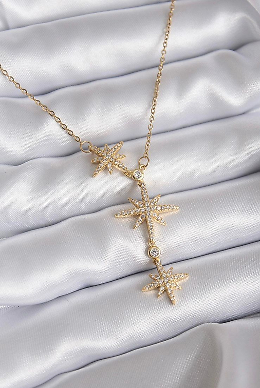 Çelik 316 L Kararmaz Sallantılı Kuzey Yıldızı Şık Tasarım Zirkon Taşlı  45+5 cm Kadın Kolye