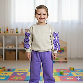 2 - 5 Yaş Arası Koldan Fiyonk Desenli Oversize Kesim Bol Paça Kışlık Takım