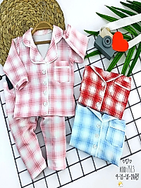 9-12-18-24 Ay Düğme Kapamalı Ekose Desenli 2li Kız Erkek Bebek Pijama Takımı Mavi