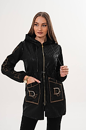 Gold Taş Detaylı Kapüşonlu Kuşaklı Kadın Ceket