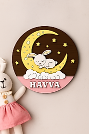 Ay Üstünde Uykucu Tavşan Ahşap Kapı Süsü