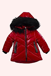 Kız Çocuk Parlak Şişme Mont – Kırmızı Kürk Detaylı (6-9 Yaş)