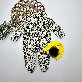 0-3-6-9 Ay Leopar Baskılı Tam Boy Çıtçıtlı Patikli Güllü Boneli Kız Bebek Tulumu Sarı