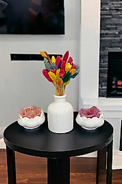 KURU ÇİÇEK PAMPAS ÇİZGİLİ VAZO VE İKİLİ LOTUS ÇİÇEĞİ MUMLUK SET (3 PARÇA) DEKORATİF