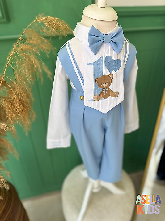 Erkek Çocuk Bebe Mavisi Salopet Takım - Baby Bear 1 Nakış İşlemeli Önlük