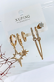 Xuping Vip Seri Sirius Yıldız Model Zirkon Taşlı Gold Renk 6'lı Çelik Küpe Seti (4 cm)