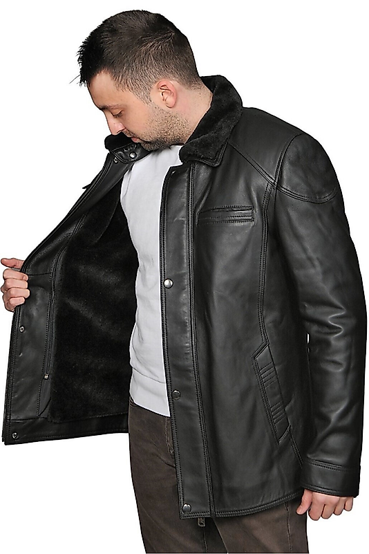Owen Hakiki Deri Erkek Kürklü Siyah Kaban