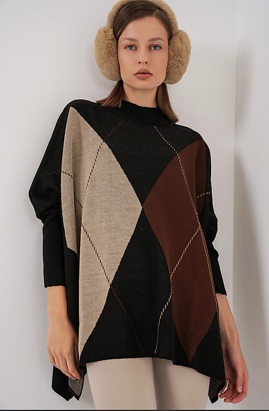 Oversize,Baklava Desen,Standart Beden Panço Kazak Siyah Krem