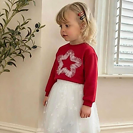 Kız Çocuk Pamuklu Kırmızı Yıldız Aplikeli Takım - Beyaz Tül Etekli 2'li Set