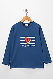 Erkek Çocuk Uzun Kollu Bisiklet Yaka "Özgür Filistin"  Baskılı Tişört Mevsimlik Pamuklu