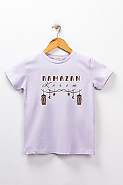 Kız Çocuk Kısa Kollu Bisiklet Yaka "Mübarek Ramazan" Baskılı Tişört Mevsimlik Pamuklu