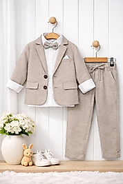 6-9 Yaş Erkek Çocuk Bej Papyonlu Takım Elbise