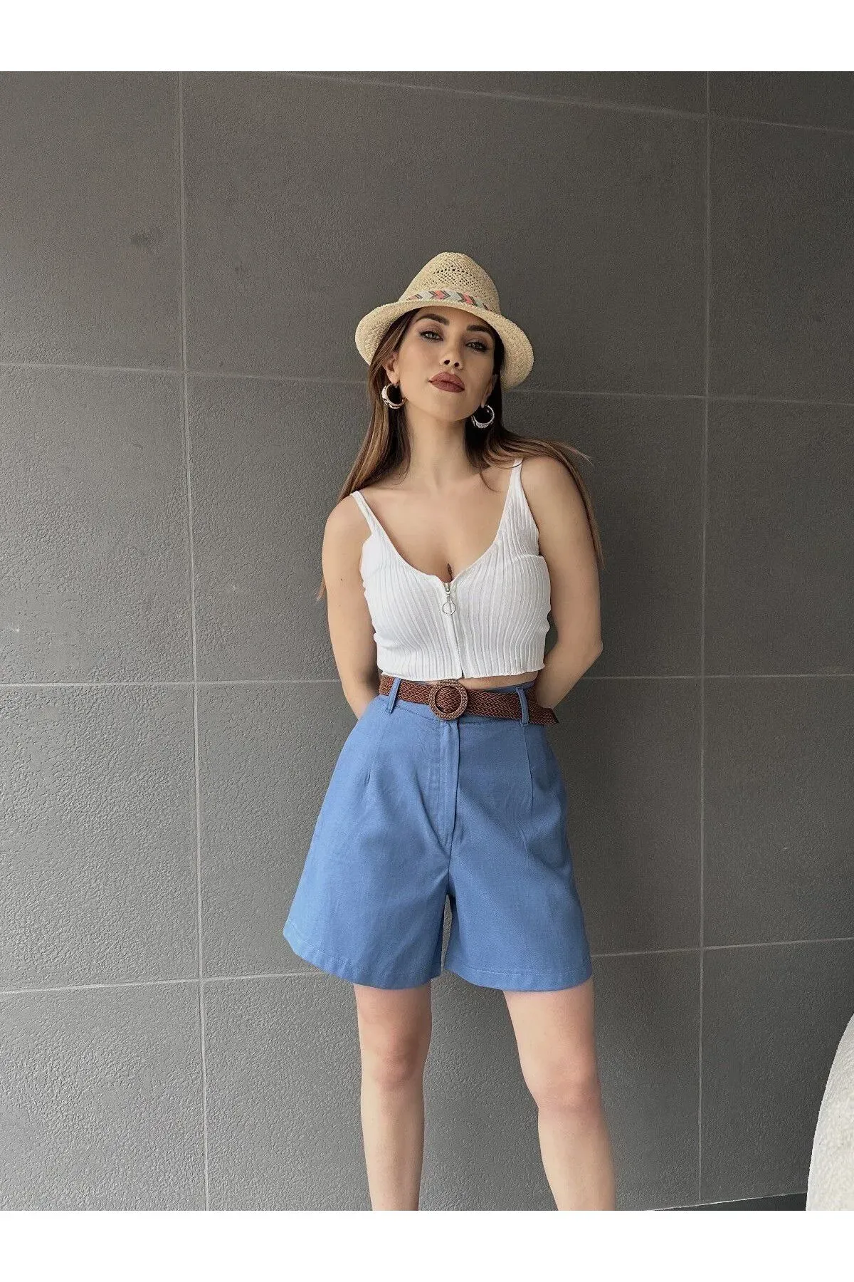 Kemerli Mom Şort-AÇIK MAVİ