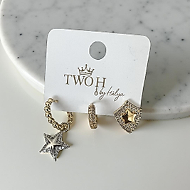 Gold Renk Taş Detaylı Üçlü Küpe