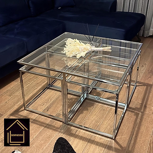 PARLAK KROM KARE 4+1 PİZZA ORTA SEHPA KOMPLE ŞEFAF CAM