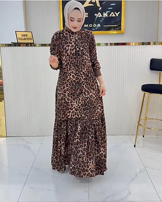 leopar desen viskon elbise