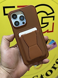 İphone 14 Pro Max Kartlıklı Standlı Deri Telefon Kılıfı Kahverengi