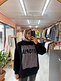 Üç İplik Pullu Sweatshirt Siyah