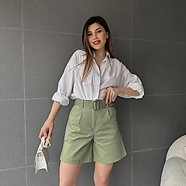 Kuş Gözü Kemerli Geniş Paçalı Mom Şort - HAKİ
