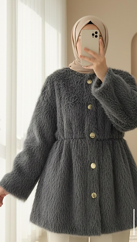 İçi Astarlı Beli Büzgülü Kürklü Ceket Füme Renk