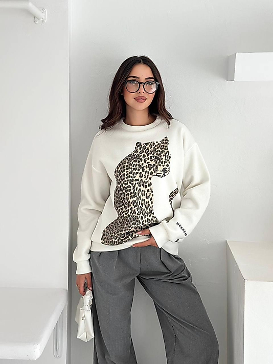LEOPAR BASKI ÜÇ İPLİK SWEATSHİRT