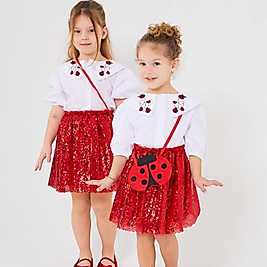 Kırmızı Payet Etekli Uğur Böceği Nakışlı Kısa Kol Gömlek Kuz Çocuk İkili Takım