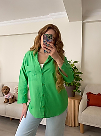Yeşil Oversize Keten Gömlek