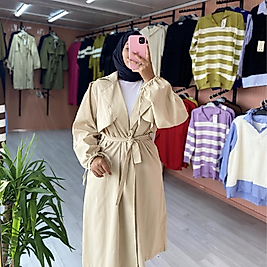 Düğmesiz Kolu Bağlamalı Trençkot Krem