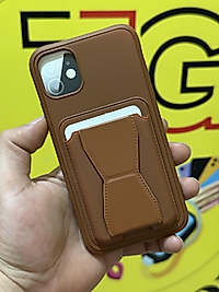 İphone 11 Kartlıklı Standlı Deri Telefon Kılıfı Kahverengi