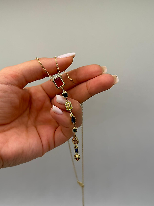Xuping Çok Renkli Taşlı Dikey Zincir Kolye – Gold Renk