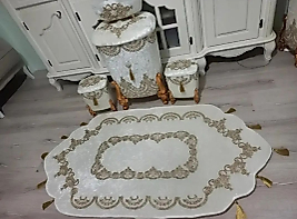 Krem Rengi Gold Detaylı İncili Çamaşır Sepeti Takımı Ve Paspas Takımı