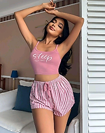 Kadın pembe çizgili desen Askılı Şortlu Pijama Takım 5002