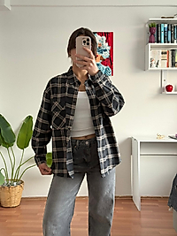 Cep detay ekose gömlek bej /antrasit