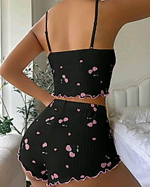 Kadın Siyah Kiraz Desenli Seksi Gecelik Takım 9003
